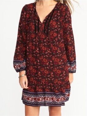 Old Navy Red Floral Long Sleeve Boho Dress